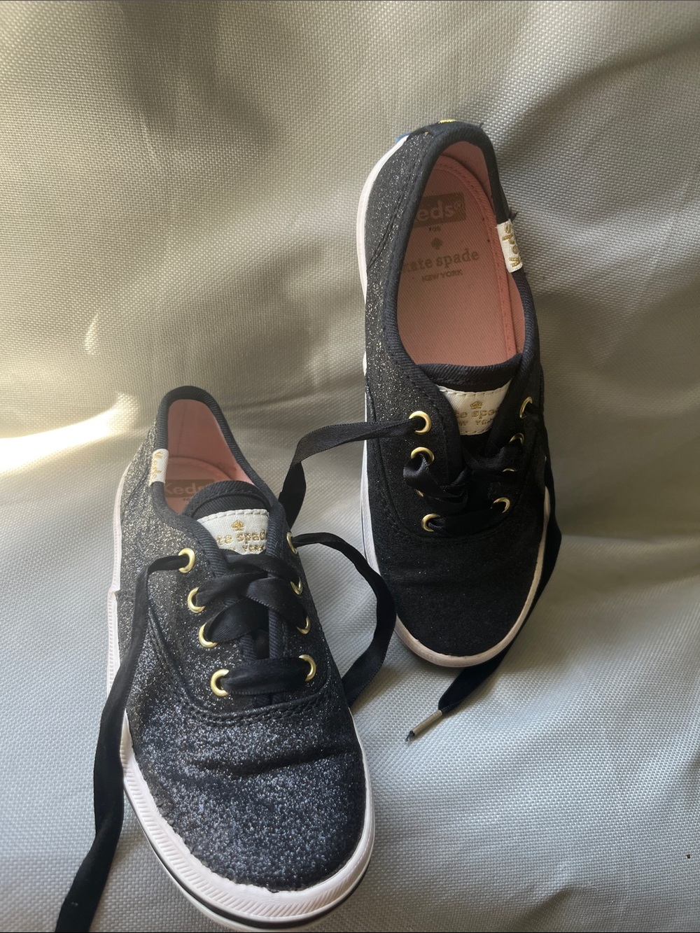 Keds Kate Spade Kids Black Glitter Lace-Up Sneakers with Gold Eyelets